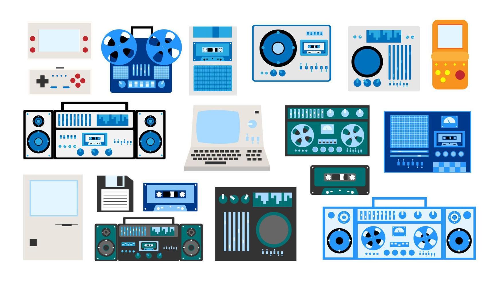 ensemble d'anciens magnétophones à cassettes électroniques rétro vintage hipster tech, ordinateur, consoles de jeux pour jeux vidéo des années 70, 80, 90. illustration vectorielle vecteur