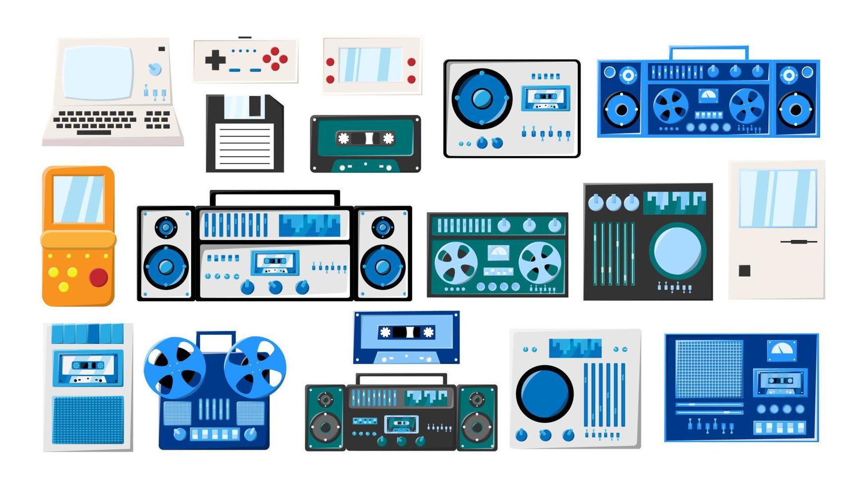 ensemble d'anciens magnétophones à cassettes électroniques rétro vintage hipster tech, ordinateur, consoles de jeux pour jeux vidéo des années 70, 80, 90. illustration vectorielle vecteur