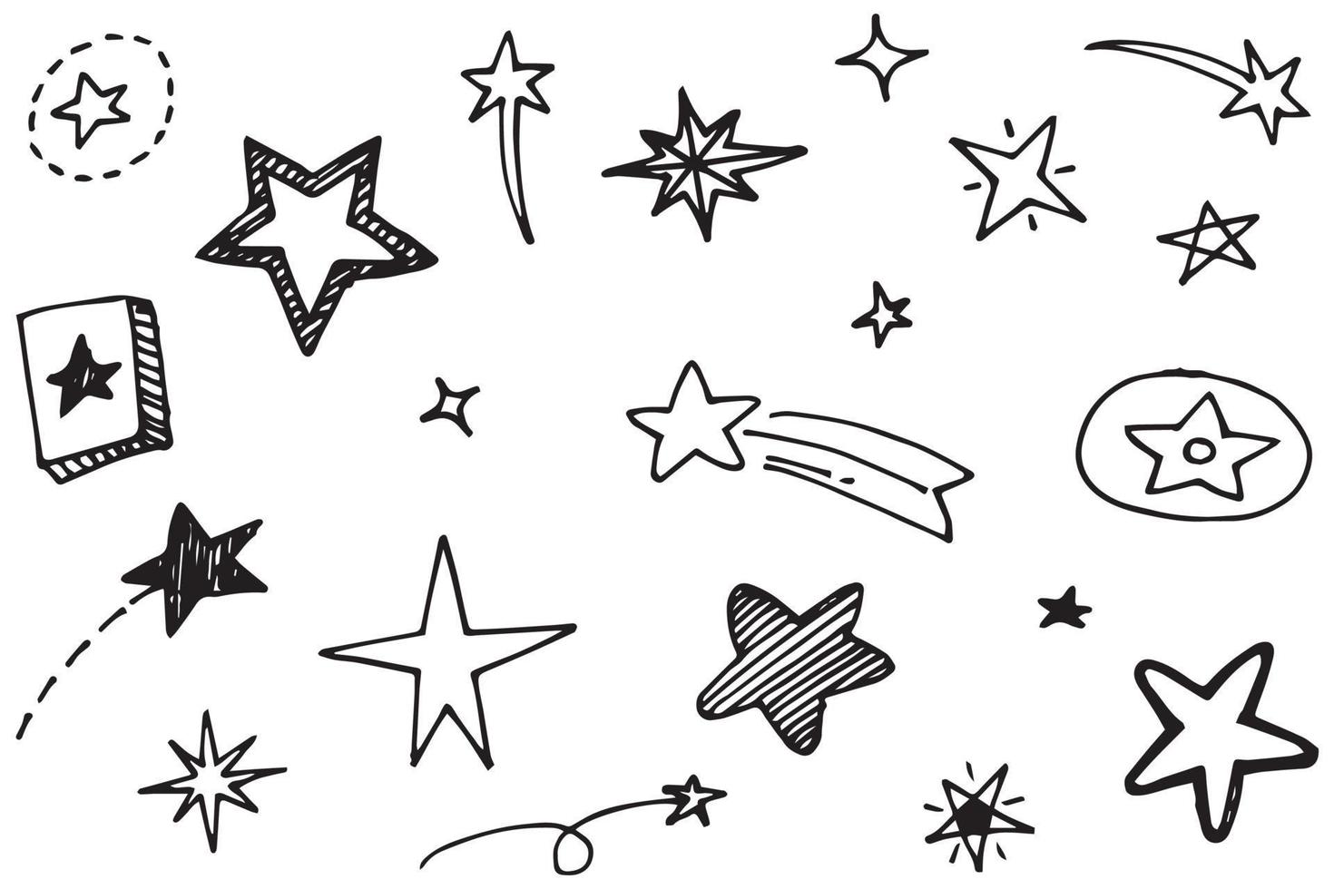 ensemble d'étoiles de griffonnage dessinées à la main noire isolées sur fond blanc. vecteur