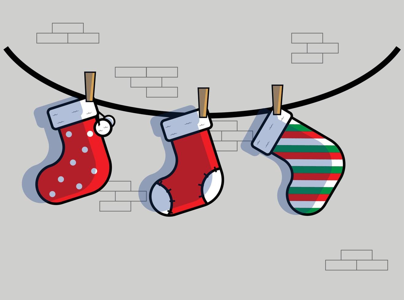 chaussette de noël accrochée au fil dans le mur du style design plat de dessin animé de cheminée vecteur