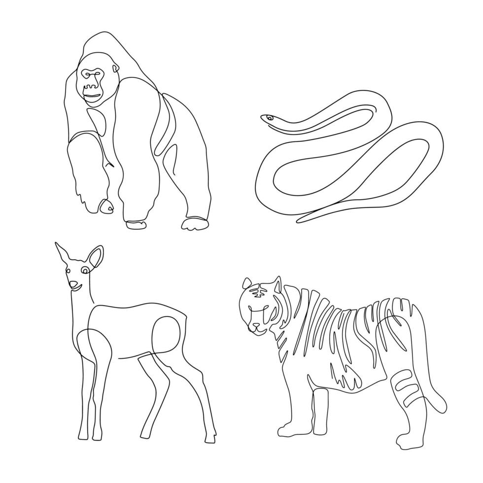 ensemble d'art en ligne de la vie animale et sauvage, ligne continue. pour la conception de logos. singe, serpent, renne, tigre vecteur
