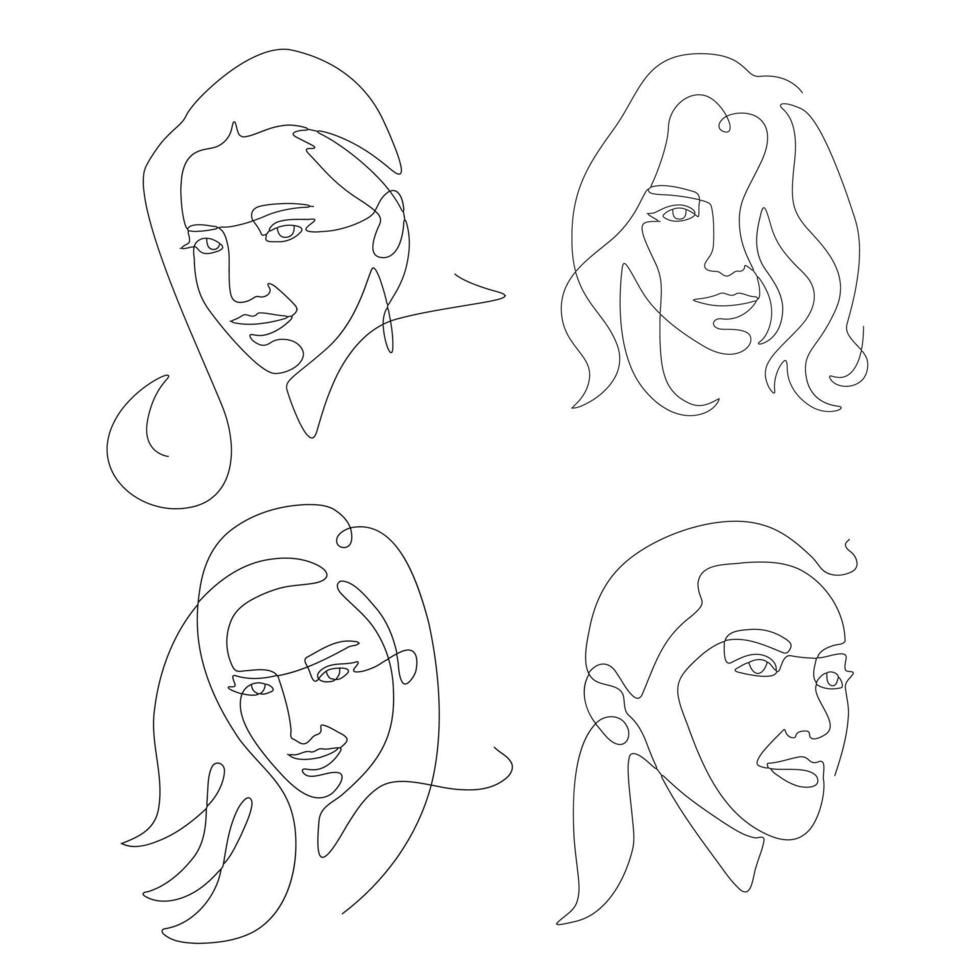 beauté et femme élégante font face à un dessin vectoriel continu sur une ligne. ensemble de visages de femme stylisés. art moderne à une seule ligne.