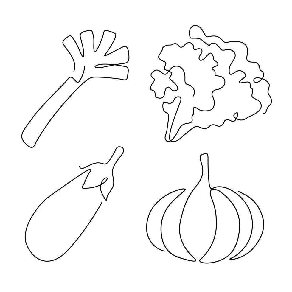 ensemble de dessins au trait de légumes et d'ingrédients et concept de ligne continue. poireau, laitue, aubergine, ail vecteur