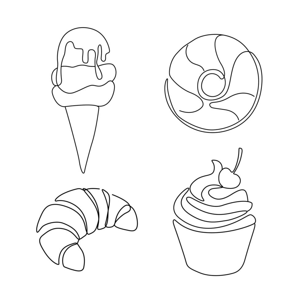 ensemble de dessin au trait dessert et sucré, ligne continue. pour la conception de logos. beignet à la crème glacée croissant et cupcake vecteur