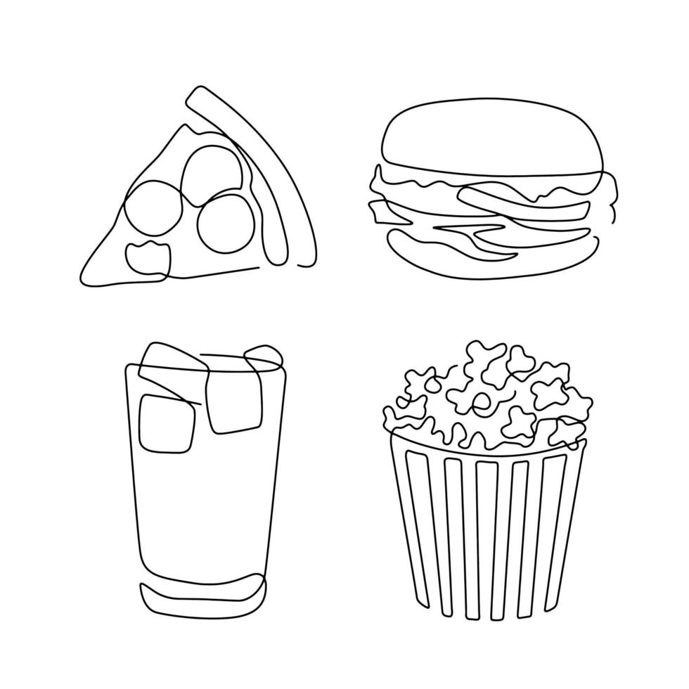 vecteur minimaliste d'art de ligne de restauration rapide moderne. pizza, hamburger, cola et pop-corn