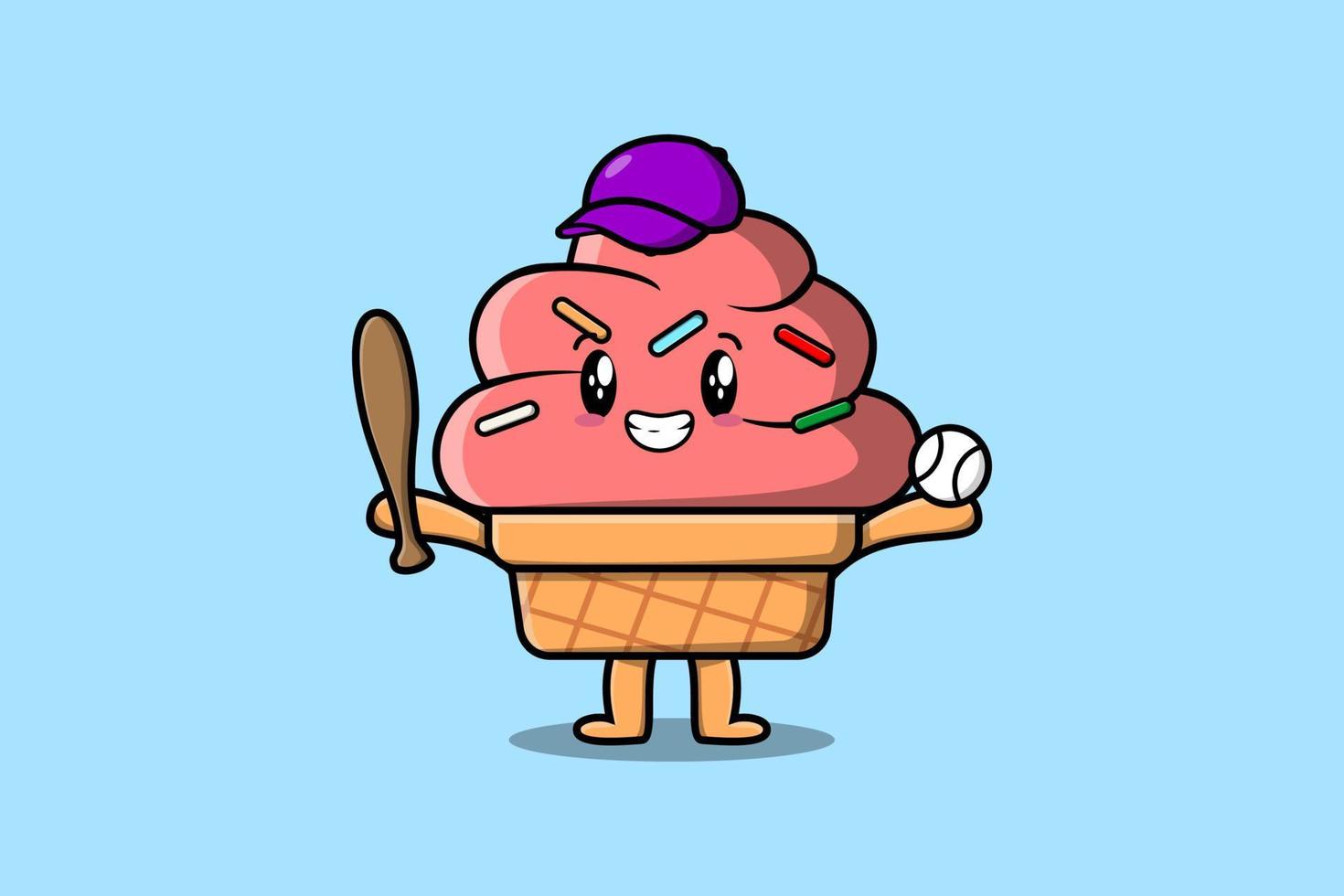 personnage de dessin animé mignon de crème glacée jouant au baseball vecteur