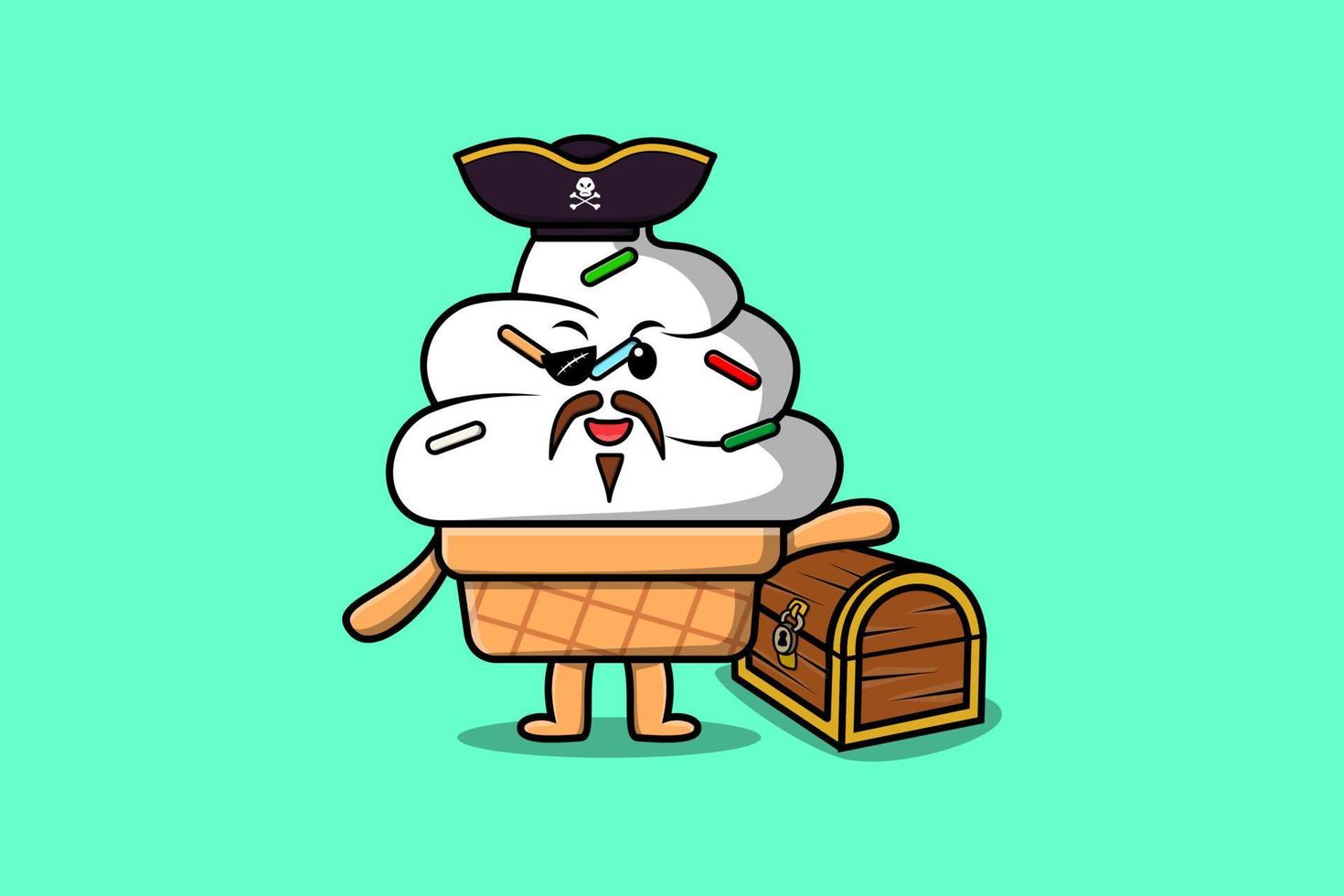 pirate de crème glacée de dessin animé mignon avec boîte au trésor vecteur