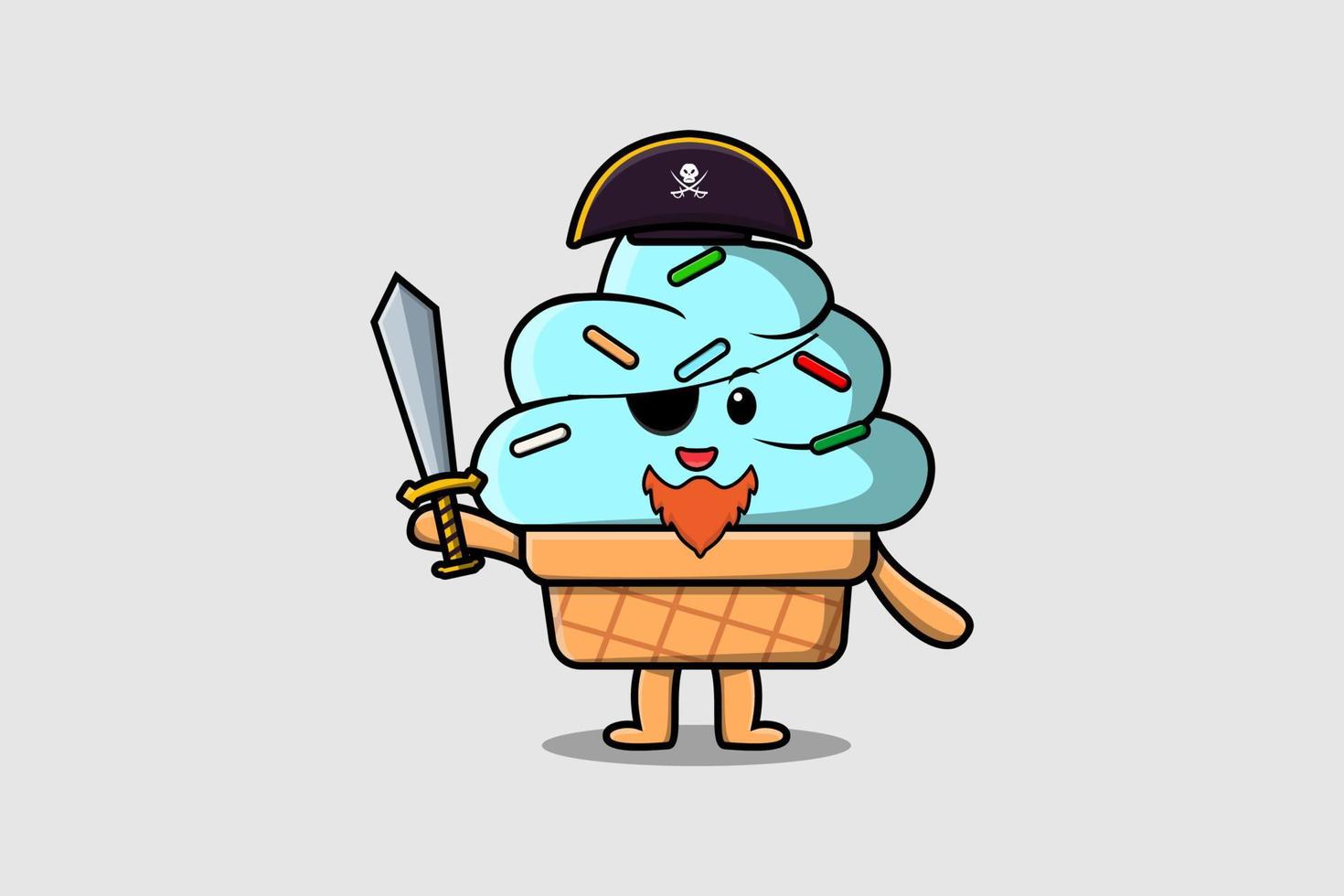 mignon, dessin animé, mascotte, glace, pirate, tenue, épée vecteur