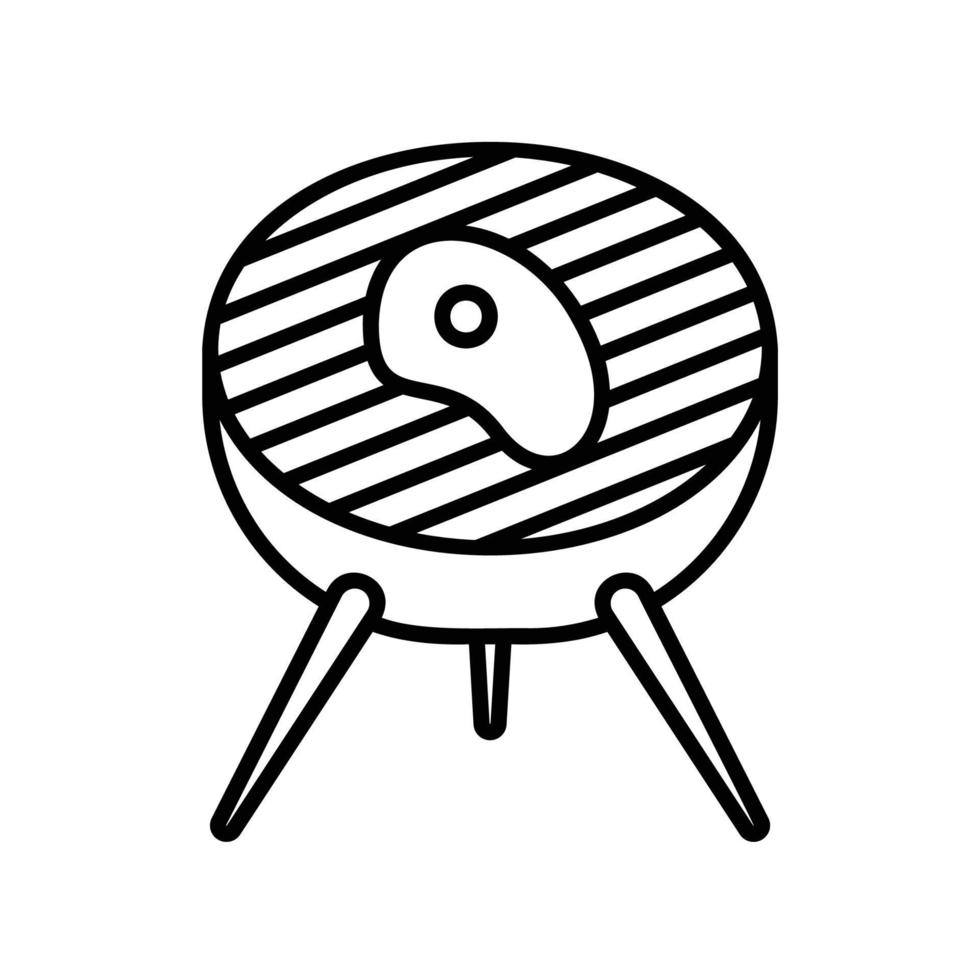 icône de poêle à griller en acier avec de la viande de boeuf dans un style de contour noir vecteur