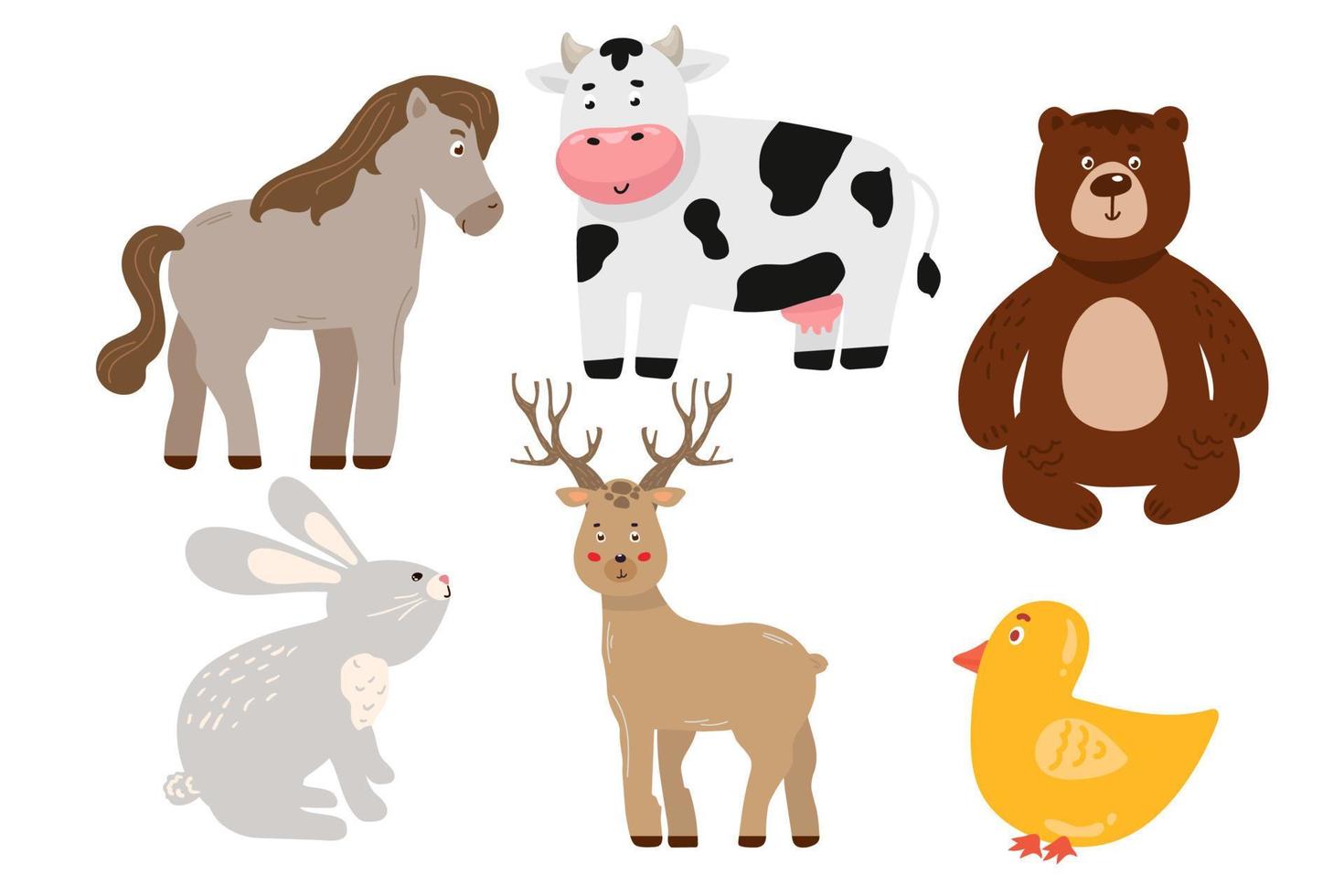 personnages des bois. animaux mignons de dessin animé pour cartes de bébé. cheval, ours, cerf, poulet, vache, lièvre vecteur