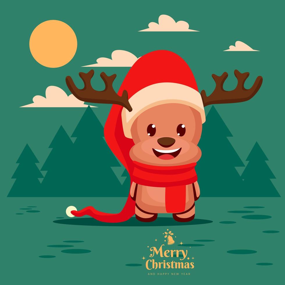 petit renne le plus mignon avec chapeau de noël couleur rouge et fond de forêt marron et simple vecteur