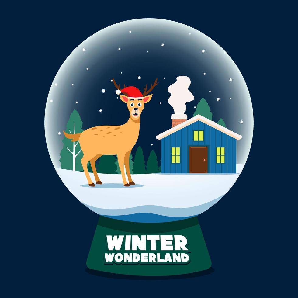 boule à neige avec un cerf mignon avec un fond de maison dans la neige vecteur