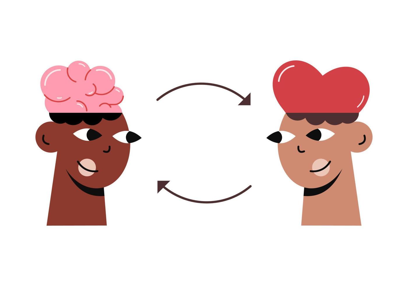 équilibre cœur cerveau. deux jolies têtes en face l'une de l'autre. vecteur