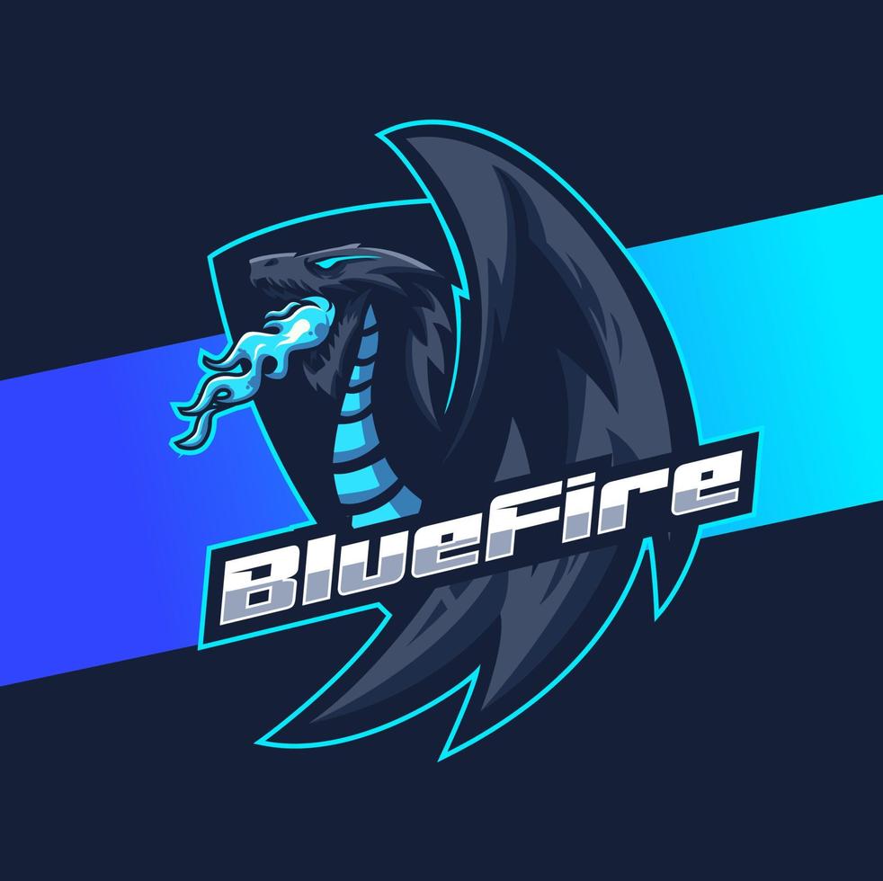 conception de personnage de mascotte de dragon pour les jeux de logo esport et le sport avec feu bleu vecteur