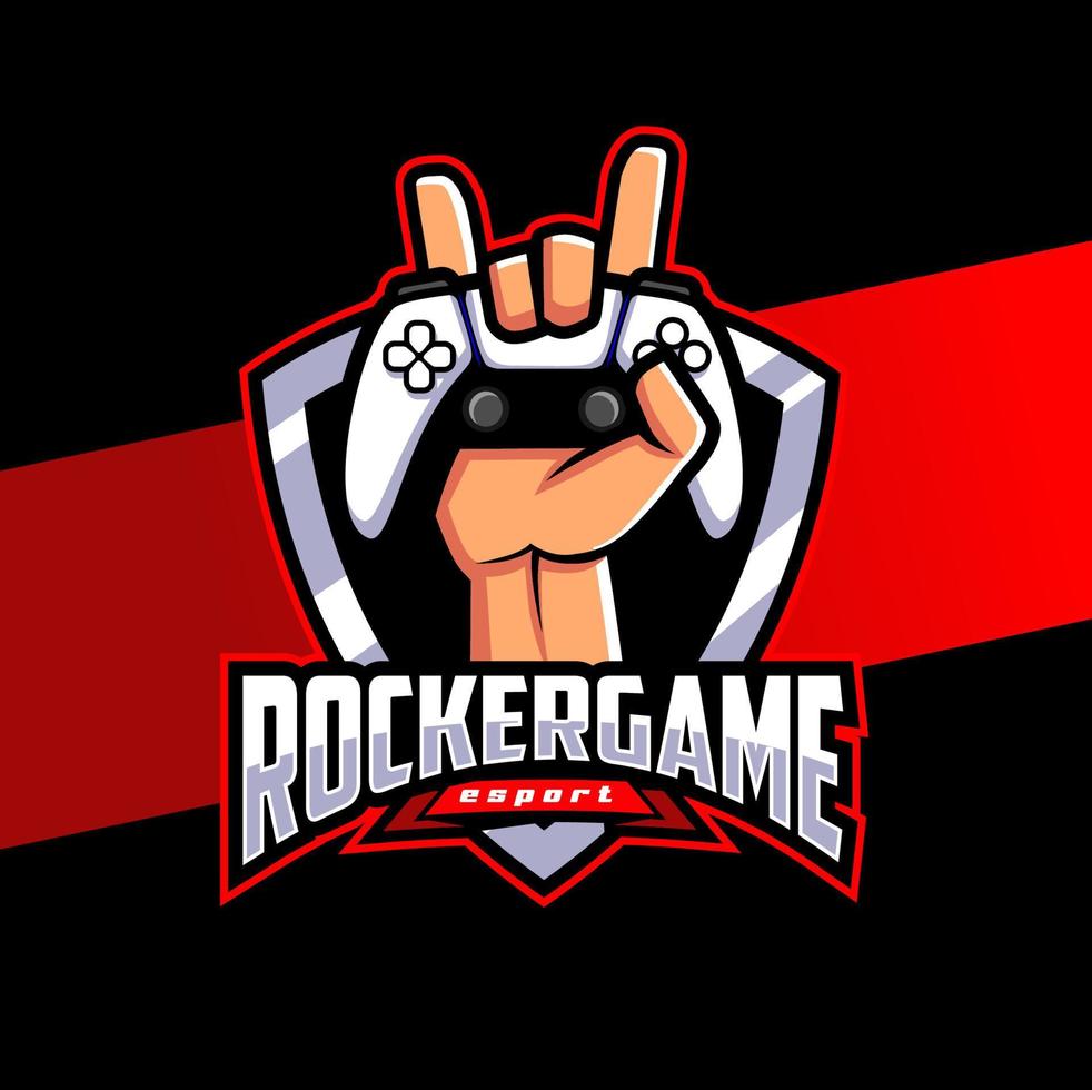 conception de personnage de logo esport rocker pro player, avec main tenant le contrôleur de jeu de bâton vecteur