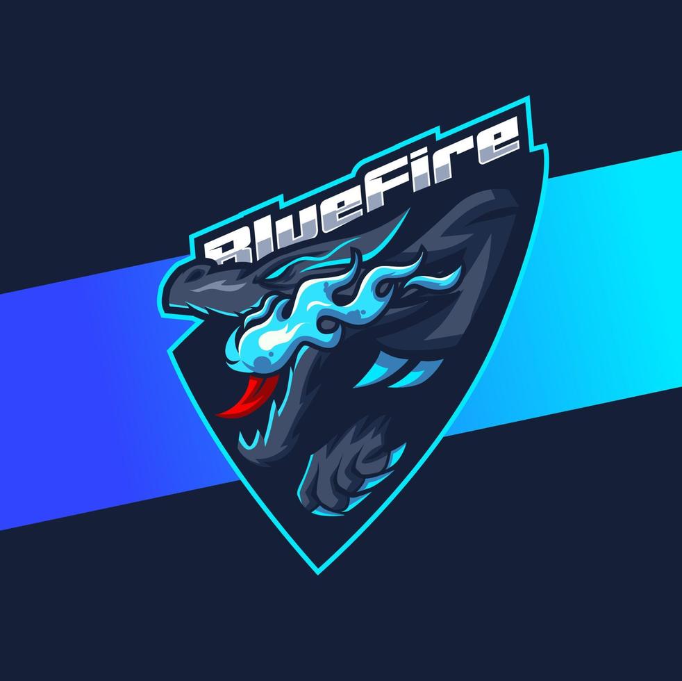 conception de personnage de mascotte de dragon pour les jeux de logo esport et le sport avec feu bleu vecteur