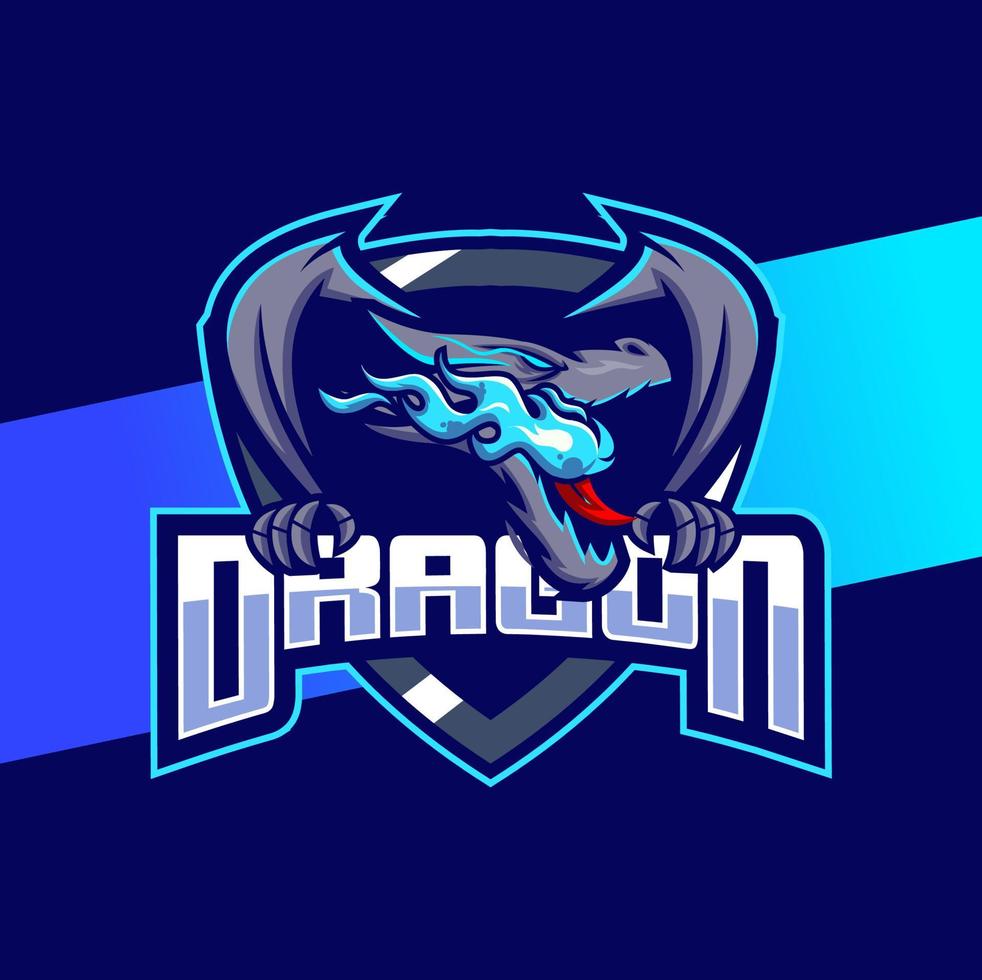 conception de personnage de mascotte de dragon pour les jeux de logo esport et le sport avec feu bleu vecteur