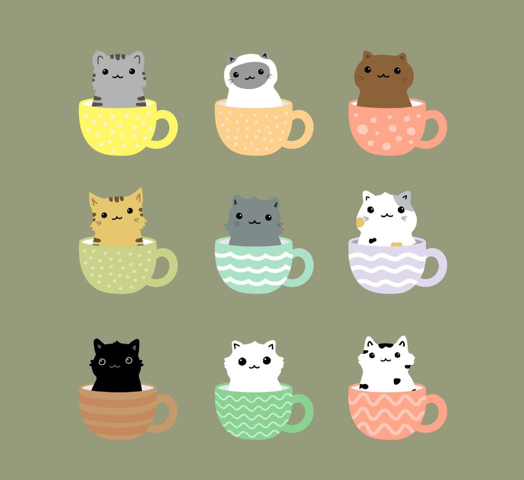 chat mignon sur le jeu de personnages de dessin animé de tasse de thé vecteur