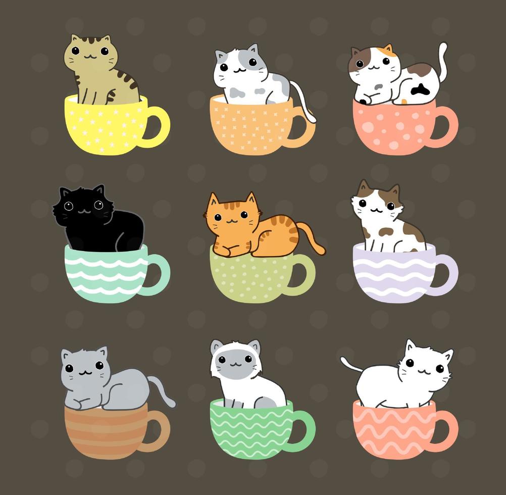 chat mignon sur le jeu de personnages de dessin animé de tasse de thé vecteur