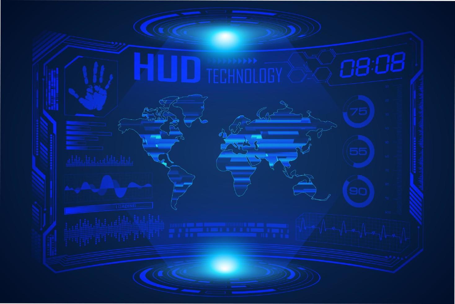 fond d'écran de technologie hud moderne bleu avec carte du monde vecteur