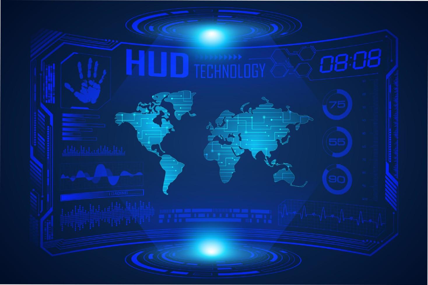 fond d'écran de technologie hud moderne bleu avec carte du monde vecteur