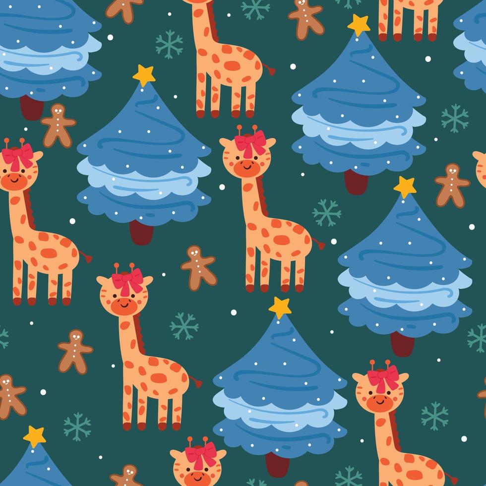 modèle sans couture dessin animé girafe et sapin de noël vecteur