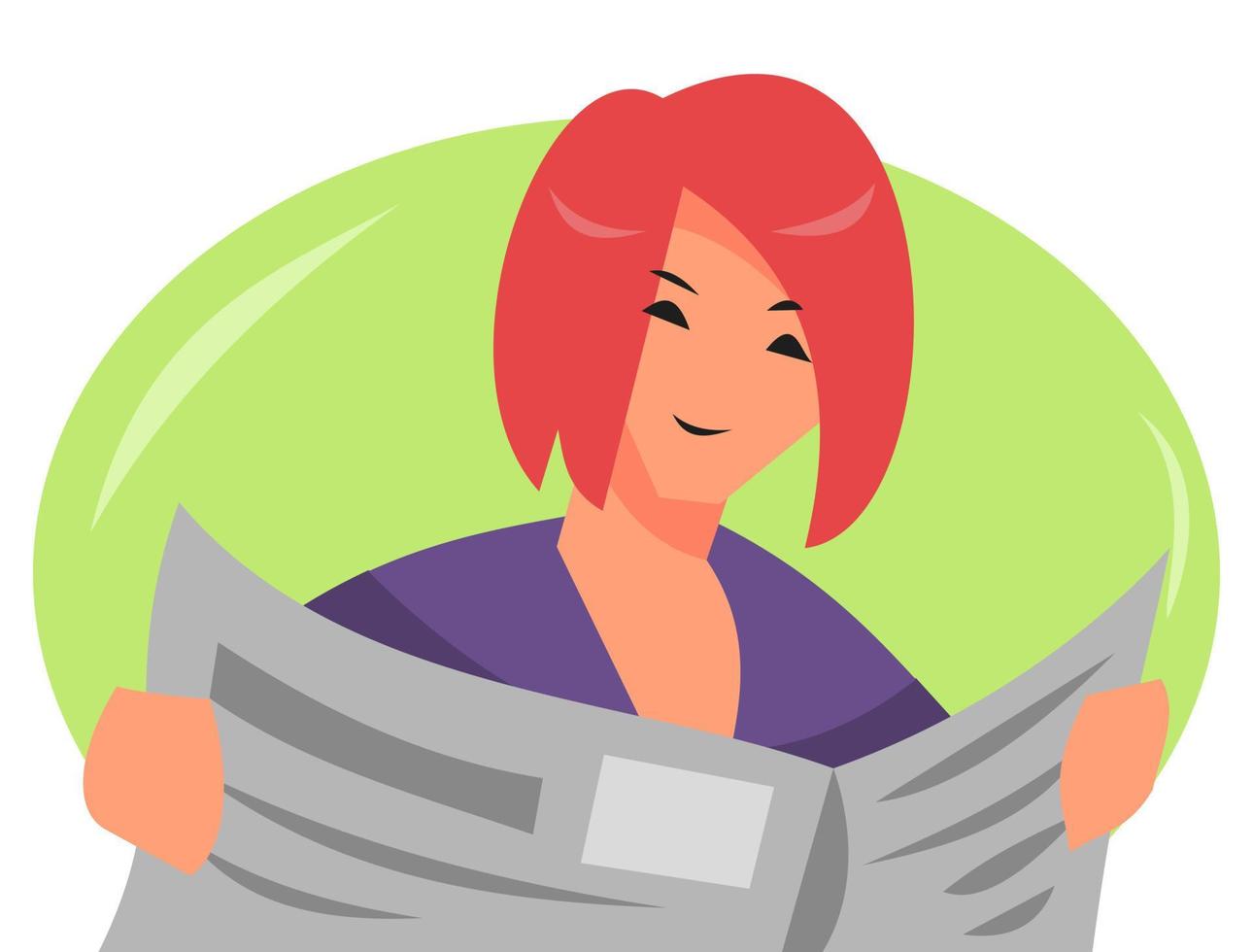 illustration d'une fille aux cheveux courts lisant le journal. isolé sur fond vert. adapté au thème de l'actualité, du travail, des loisirs, de l'information, des habitudes, etc. style vectoriel plat