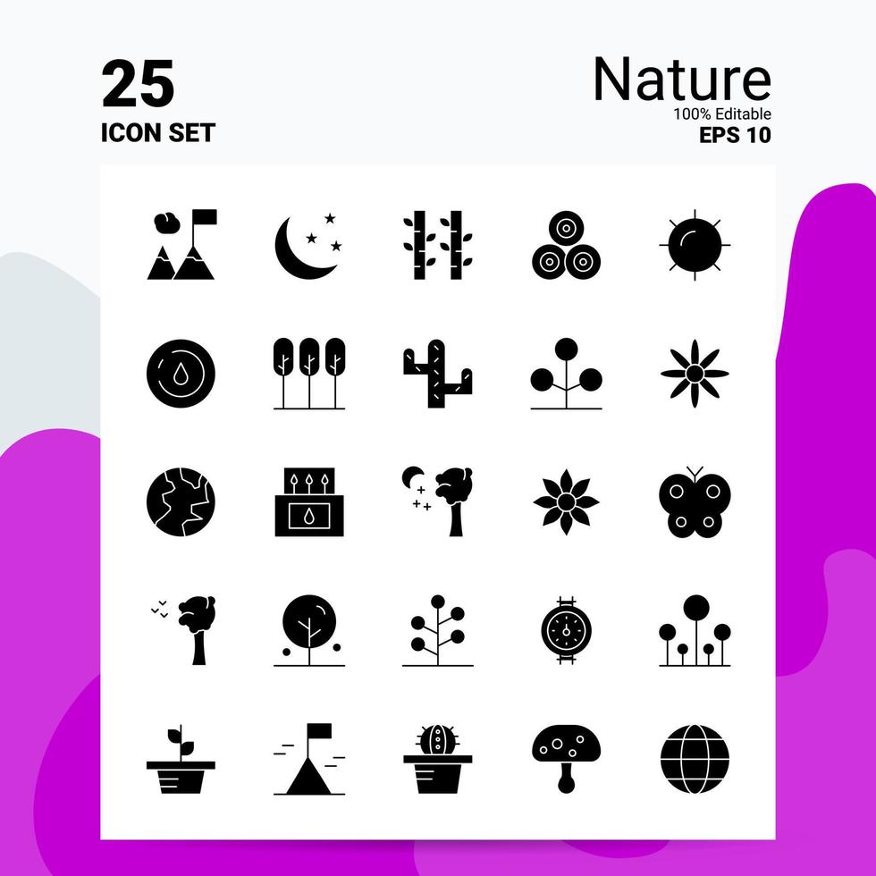 25 jeu d'icônes nature 100 eps modifiables 10 fichiers idées de concept de logo d'entreprise conception d'icône de glyphe solide vecteur