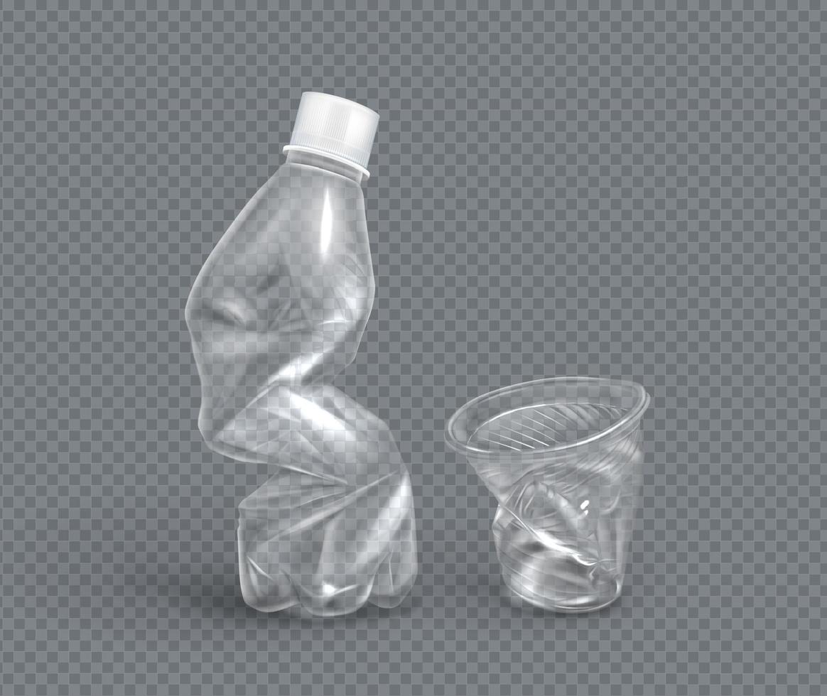 gobelet en plastique froissé et bouteille d'eau, vecteur