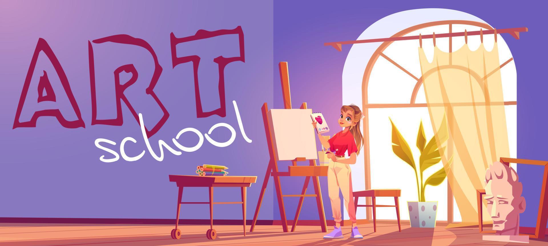 bannière de dessin animé de l'école d'art. fille artiste au chevalet vecteur