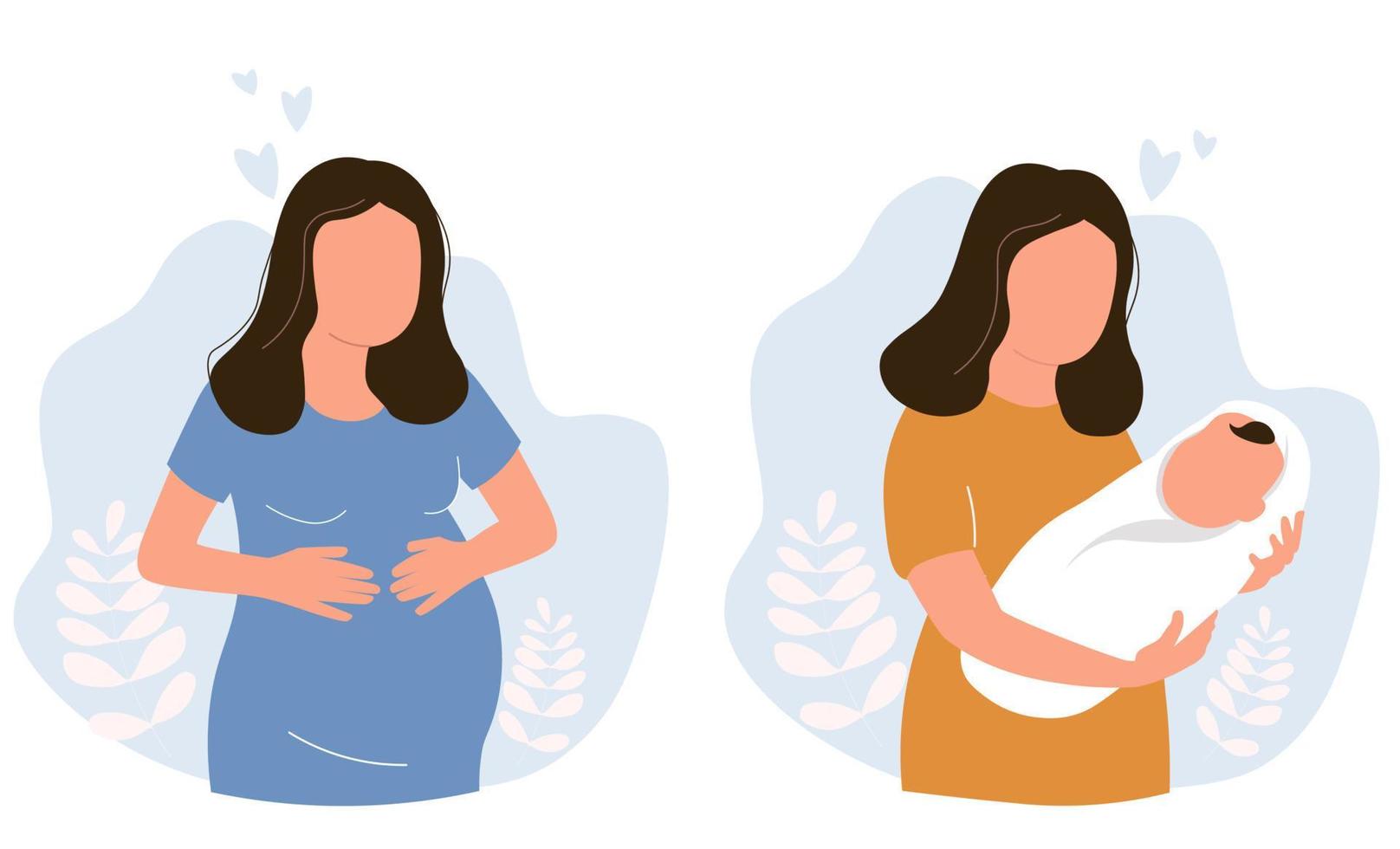 une femme enceinte et avec un nouveau-né dans ses bras. une mère heureuse qui attend un bébé. graphiques vectoriels. vecteur