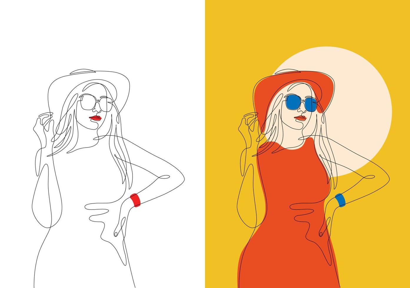 dessin continu d'une ligne. portrait de femme en robe rouge, chapeau et lunettes de soleil. illustration vectorielle minimaliste pour les histoires de médias sociaux, logo, affiche, impression, couverture, carte postale, bannière. figure féminine vecteur