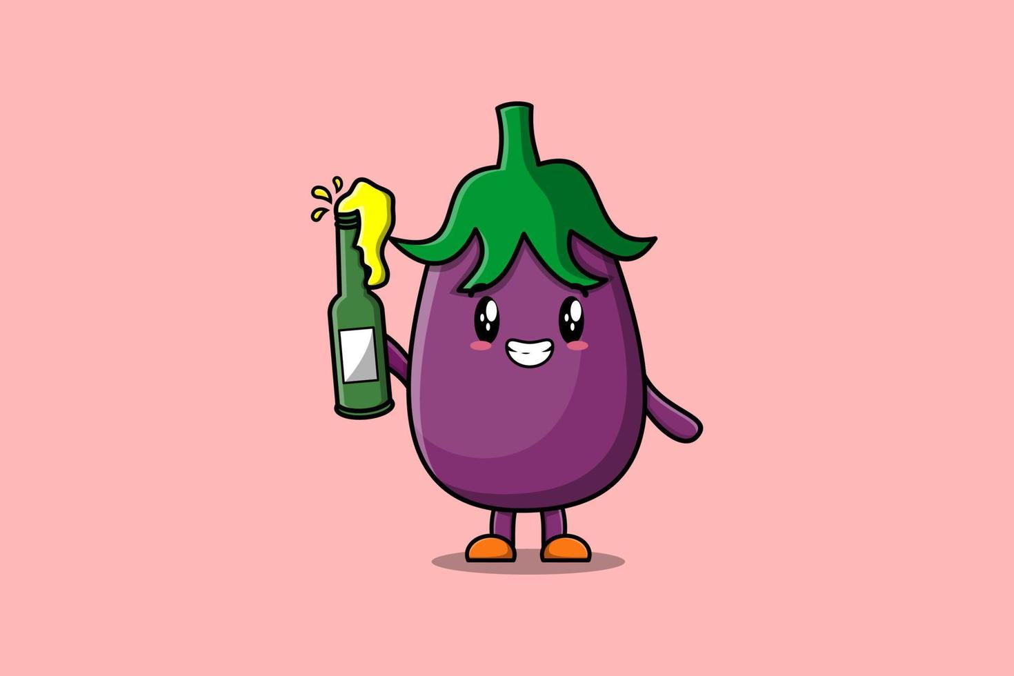 aubergine de personnage de dessin animé mignon avec une bouteille de soda vecteur