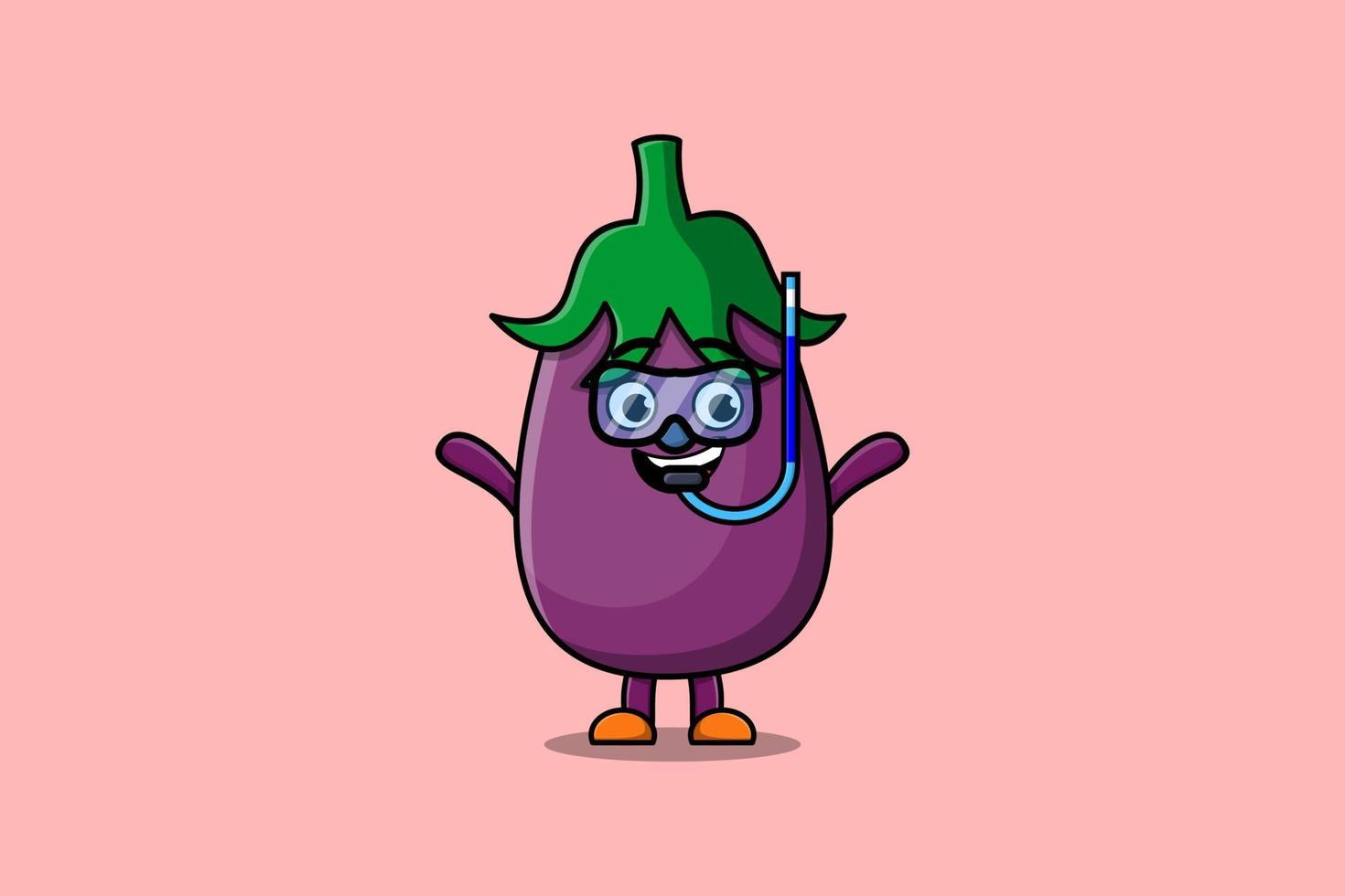 mignon dessin animé plongeur aubergine avec verre de natation vecteur