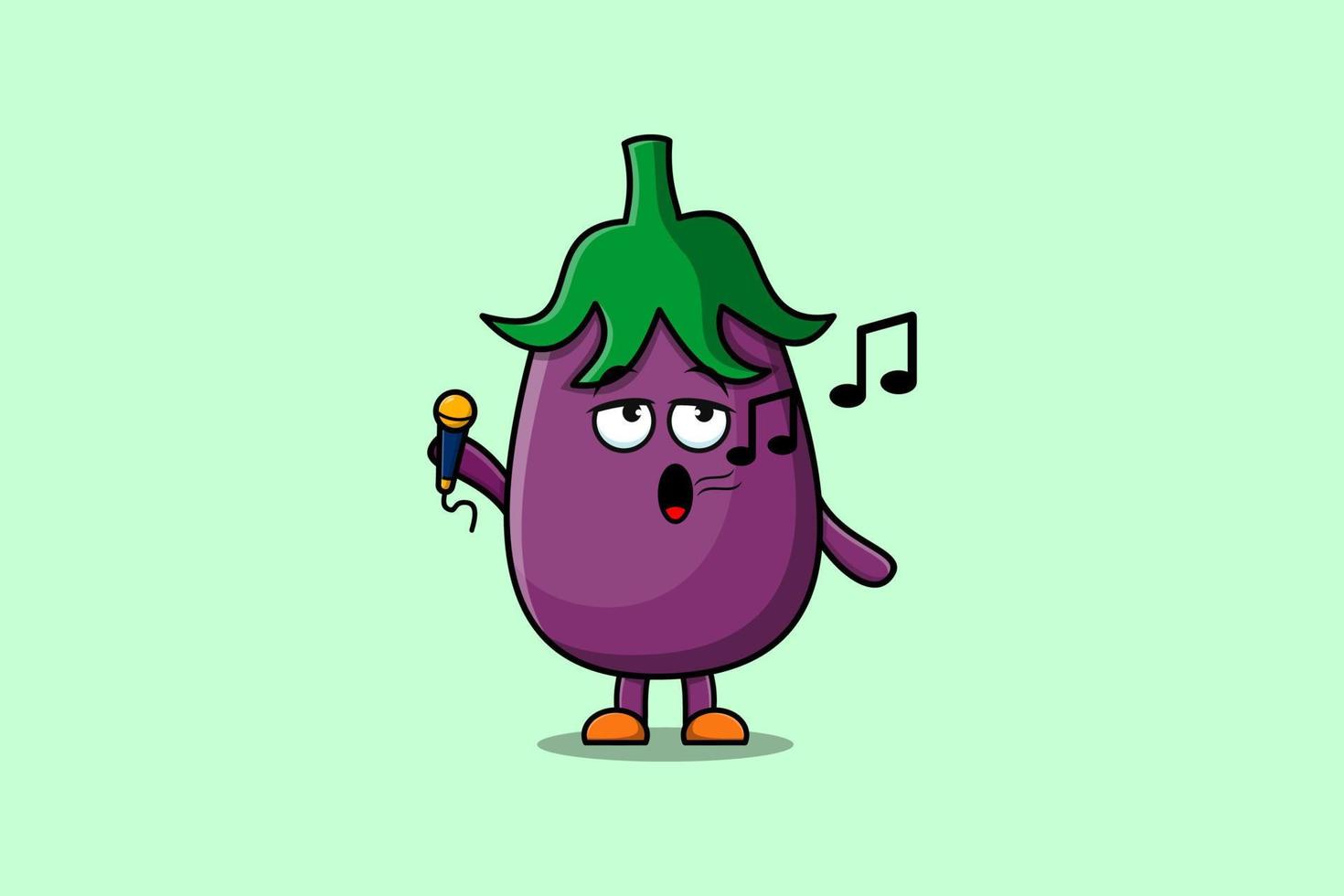 personnage de chanteur d'aubergine de dessin animé mignon tenant un micro vecteur