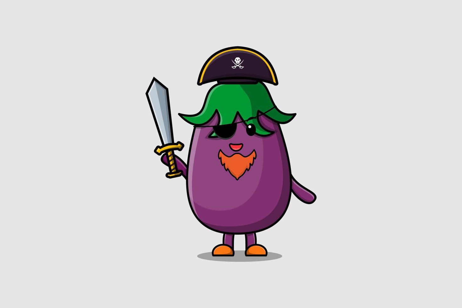 mascotte de dessin animé mignon pirate aubergine tenant une épée vecteur