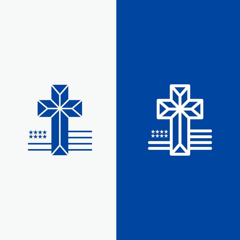 croix américaine ligne d'église et glyphe icône solide bannière bleue ligne et glyphe icône solide bannière bleue vecteur