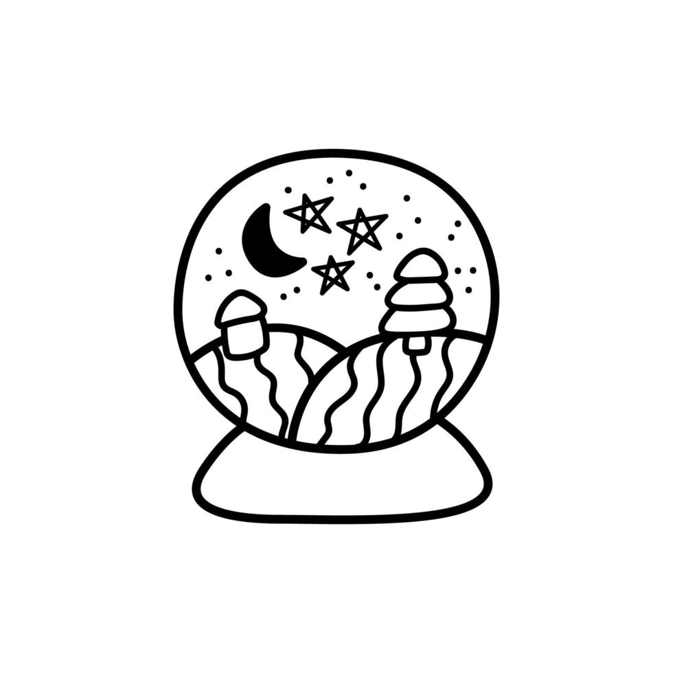 boule de verre de noël magique doodle isolé. élément de décoration de noël, boule à neige en cristal avec maison, étoiles, arbre. lignes noires sur fond blanc. jolie illustration vectorielle dessinée à la main. vecteur