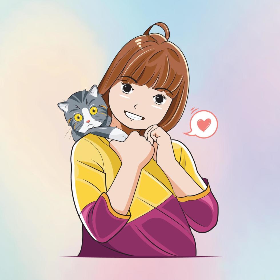 une petite fille souriante portant tient un beau chaton illustration vectorielle téléchargement pro vecteur