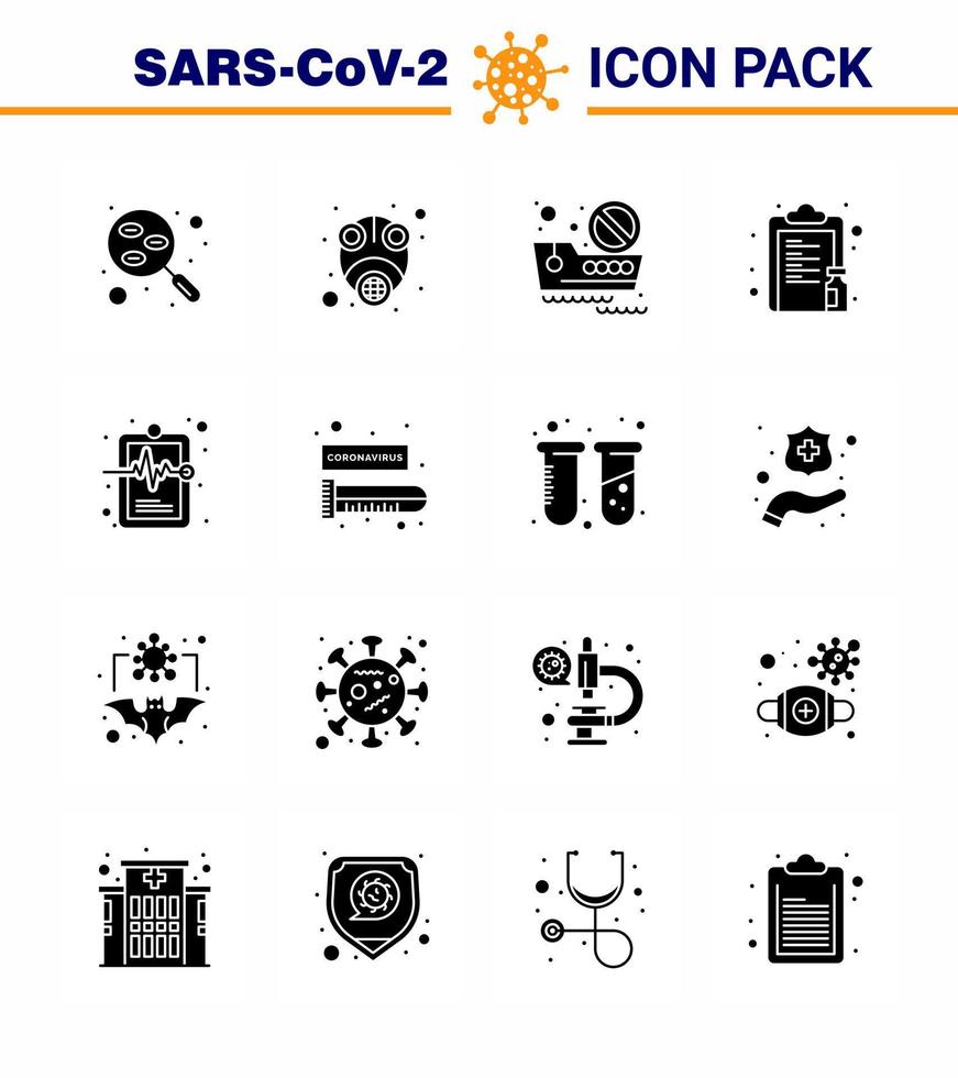 nouveau coronavirus 2019ncov 16 solide glyphe noir pack d'icônes liste de vaccins protéger navire de drogue coronavirus viral 2019nov éléments de conception de vecteur de maladie