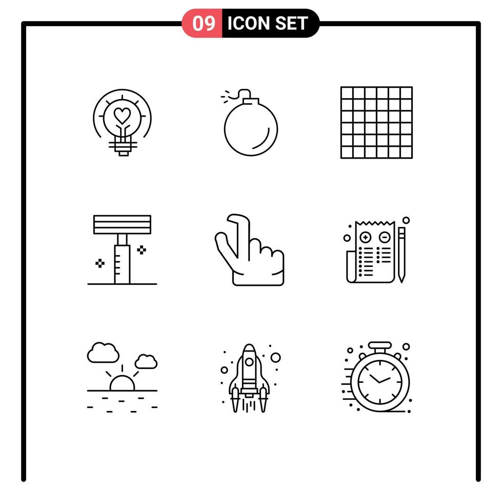 symboles d'icônes universels groupe de 9 contours modernes de la grille de pincement du navigateur sur les éléments de conception vectoriels modifiables du rasoir vecteur