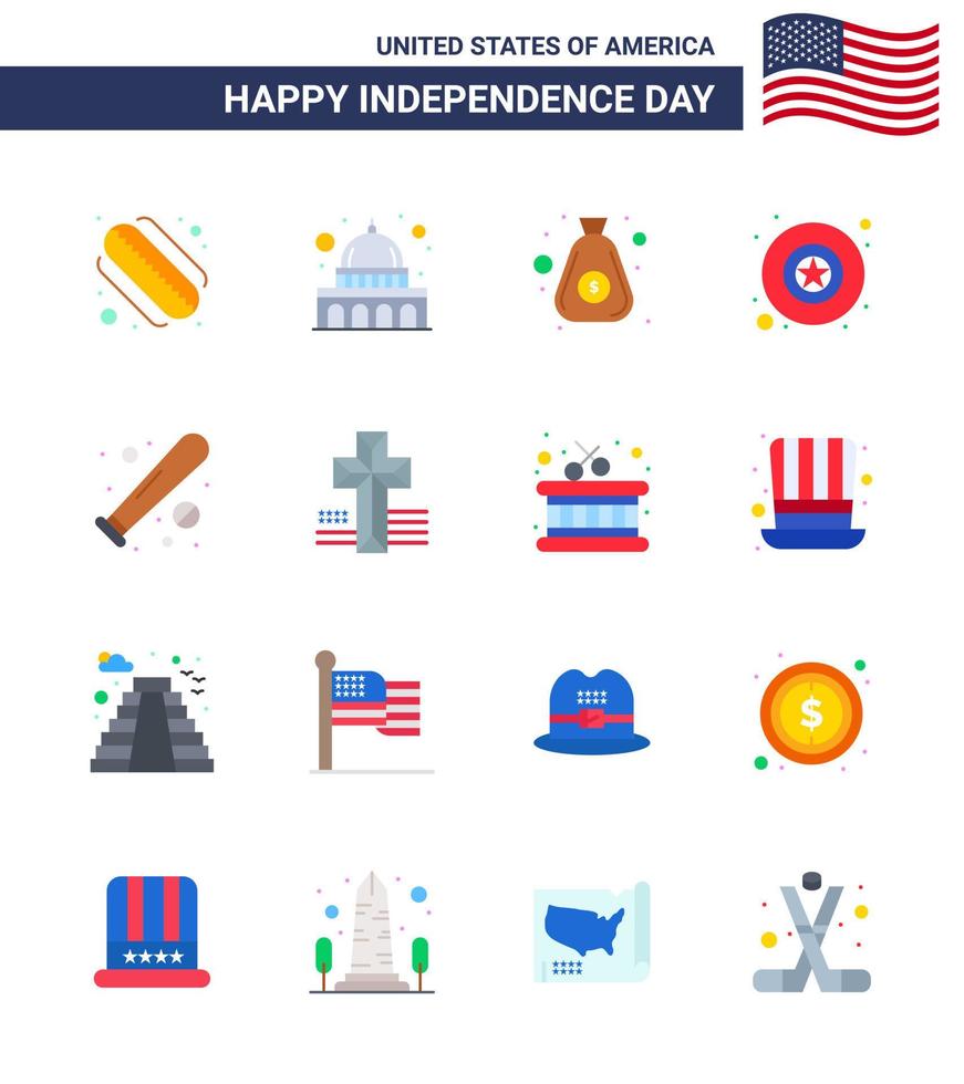 joyeux jour de l'indépendance 16 appartements pack d'icônes pour le web et l'impression sports baseball argent balle militaire modifiable usa day vector design elements