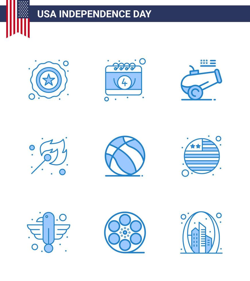 pack bleu de 9 symboles de la fête de l'indépendance des états-unis du canon de football américain feu extérieur éléments de conception vectoriels modifiables de la journée des états-unis vecteur