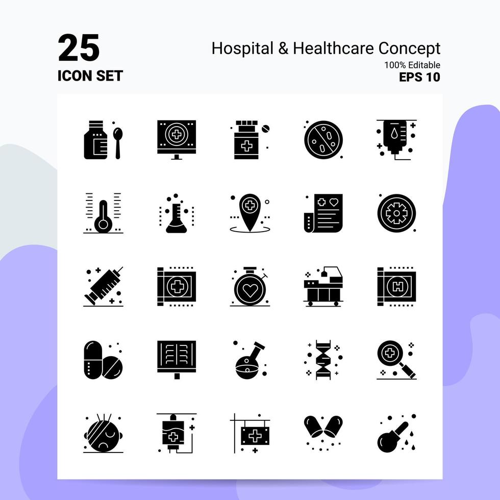 25 ensemble d'icônes de concept de soins de santé hospitaliers 100 fichiers eps modifiables 10 idées de concept de logo d'entreprise conception d'icône de glyphe solide vecteur