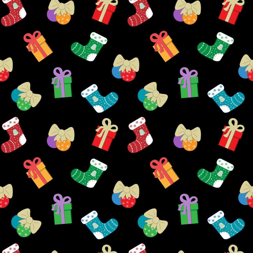 tissu sans couture avec des éléments de Noël de vacances sur un fond noir. fête. illustration vectorielle. vecteur