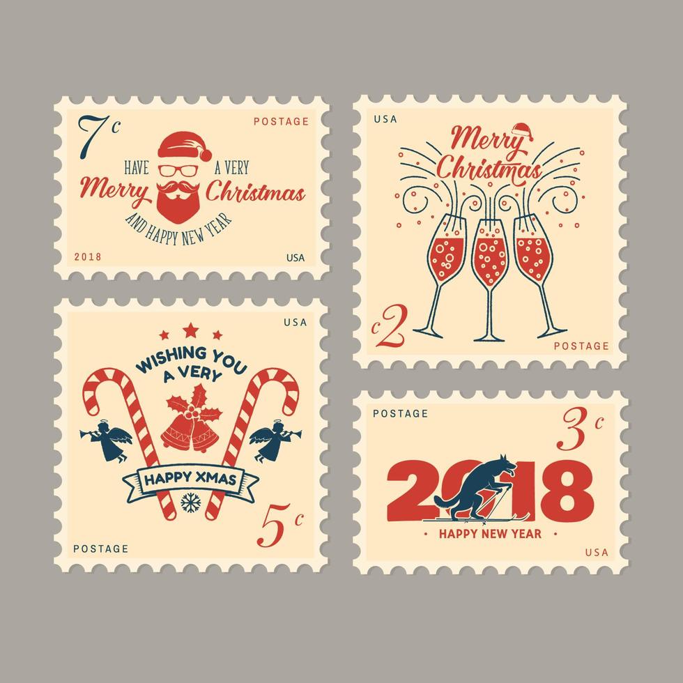 joyeux noël et bonne année 2018 timbre-poste rétro avec le père noël, vecteur