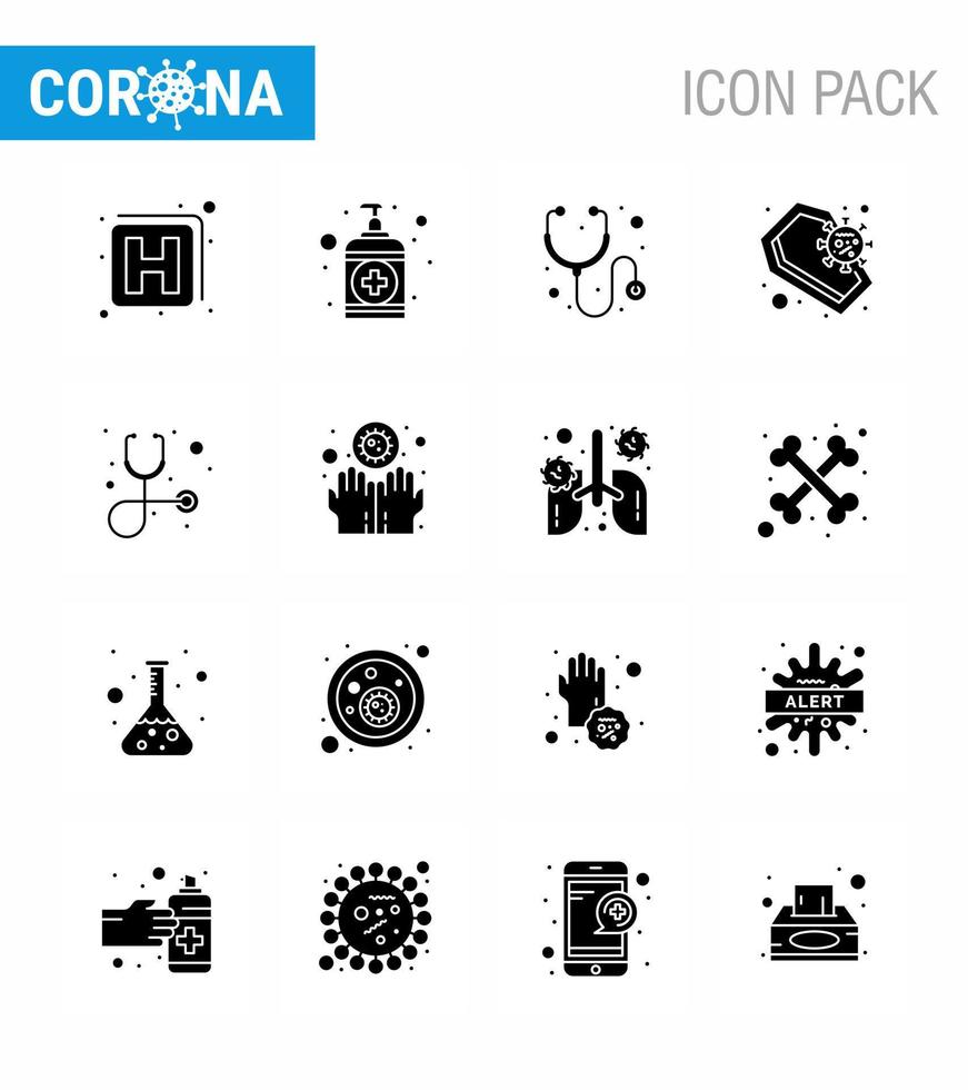 16 pack d'icônes corona de virus viral noir glyphe solide tel que stéthoscope diagnostic crâne médical mort coronavirus viral 2019nov éléments de conception de vecteur de maladie