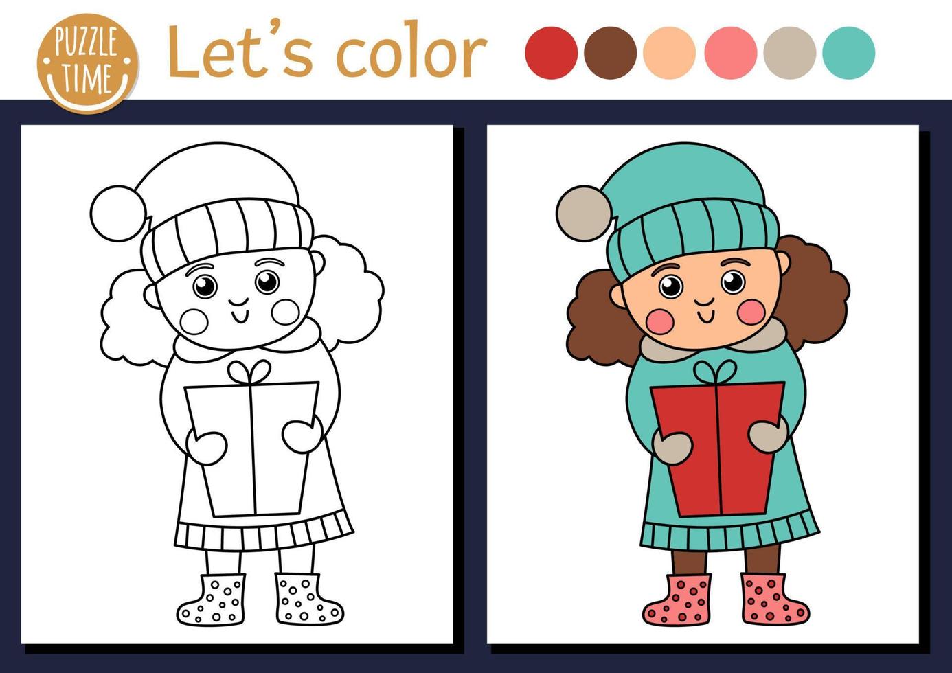 page de coloriage de noël pour les enfants. jolie fille drôle dans des vêtements chauds avec boîte-cadeau. illustration vectorielle de contour de vacances d'hiver. livre de couleurs de fête du nouvel an pour les enfants avec exemple coloré vecteur