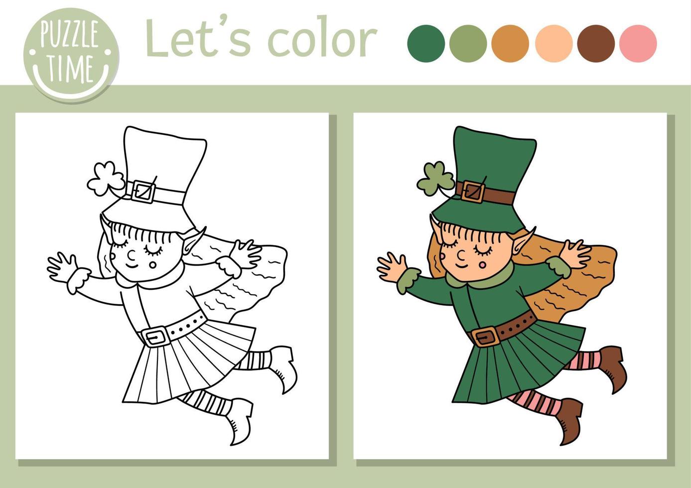 coloriage saint patrick pour enfants. jolie fée drôle de lutin avec shamrock. contour vectoriel illustration de fille elfe de la forêt. livre de couleurs de vacances de printemps celtique pour les enfants avec exemple coloré