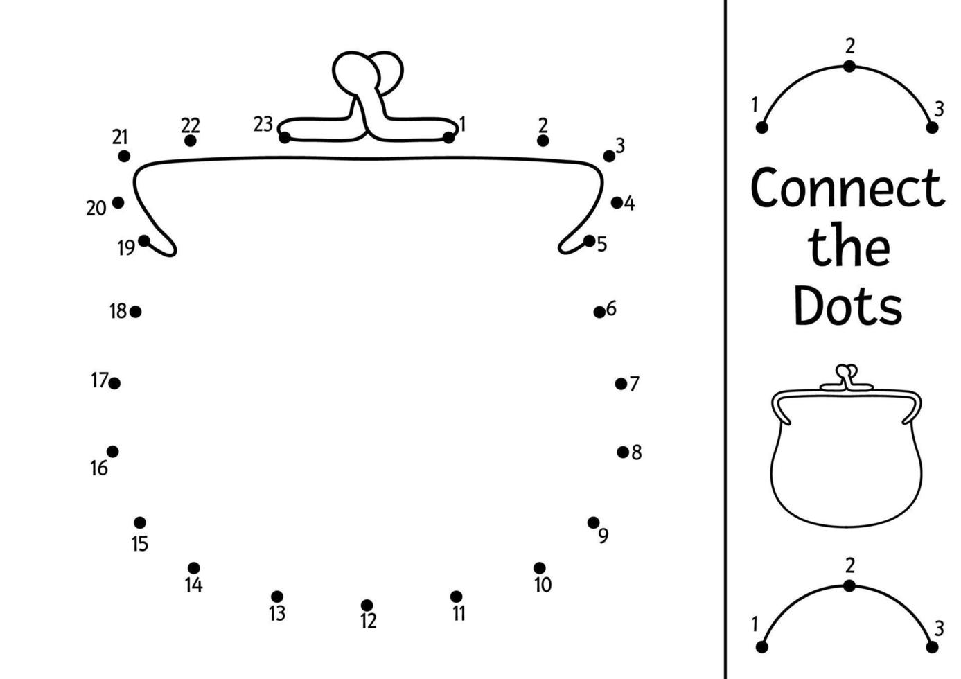 image vectorielle saint patrick point à point et activité de couleur avec un joli sac à main. les vacances de printemps ou l'argent relient le jeu de points pour les enfants. page de coloriage drôle pour les enfants avec cartable vecteur